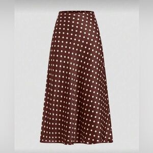 Fall Old Money Style Women's Chocolate Brown / White Polka Dot Satin Long Skirt